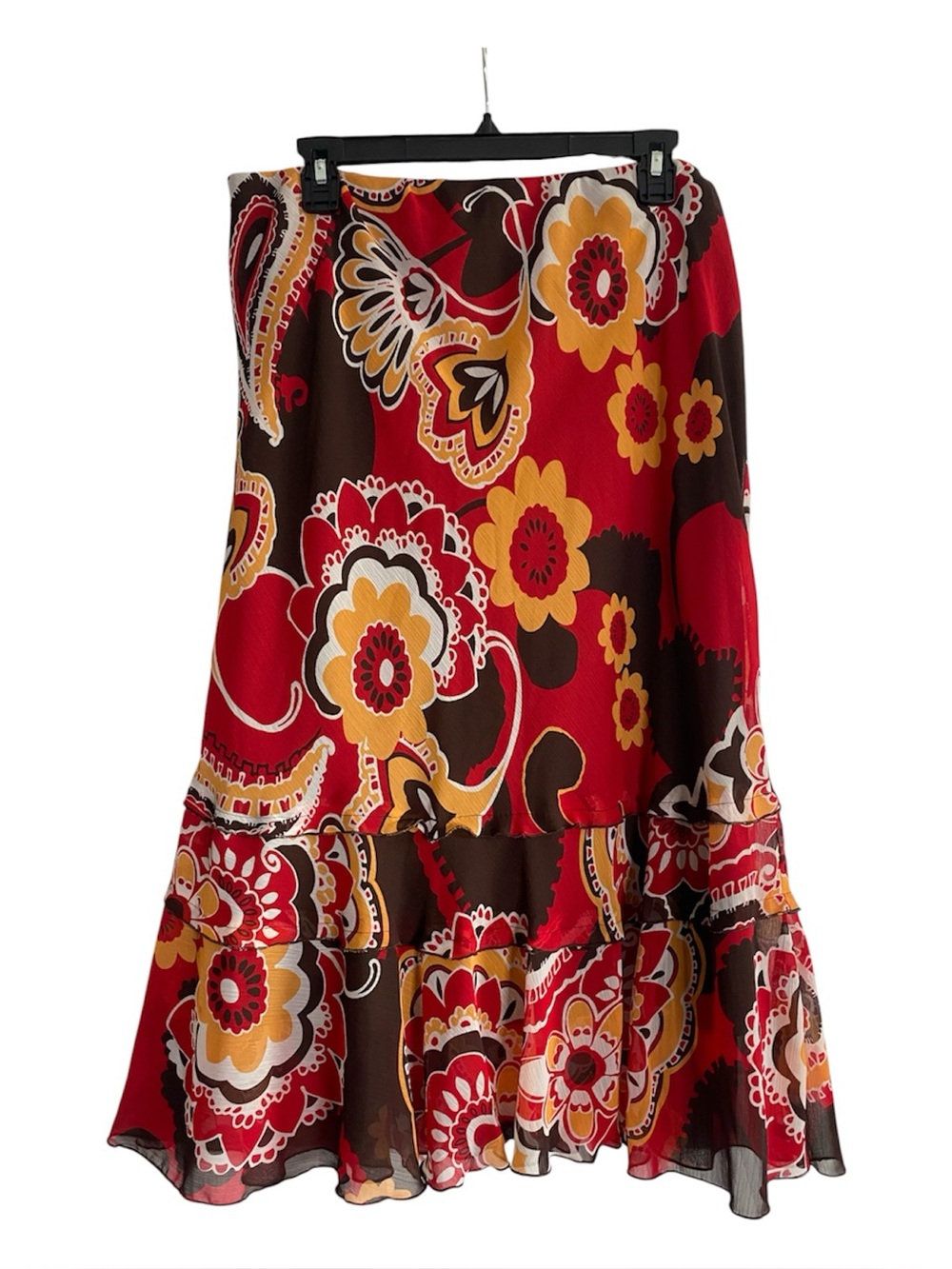 Cato Retro Floral Maxi Skirt Elastic Waist Tiered Ruffle Hem Size Large